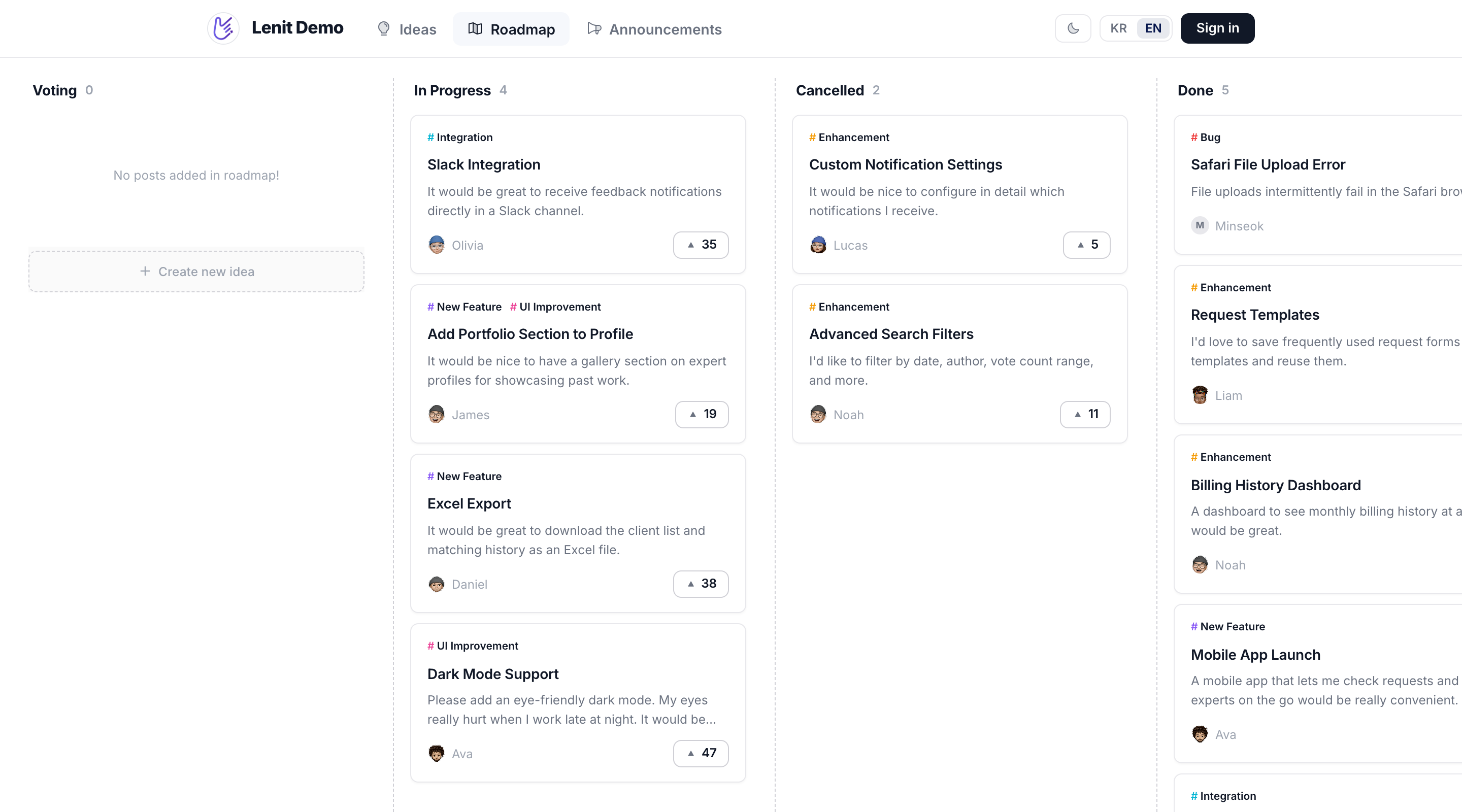 A public roadmap in Lenit showing feature requests moving from Voting to In Progress to Done