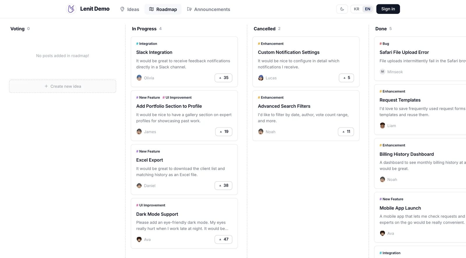 A public roadmap in Lenit showing feature requests moving from Voting to In Progress to Done