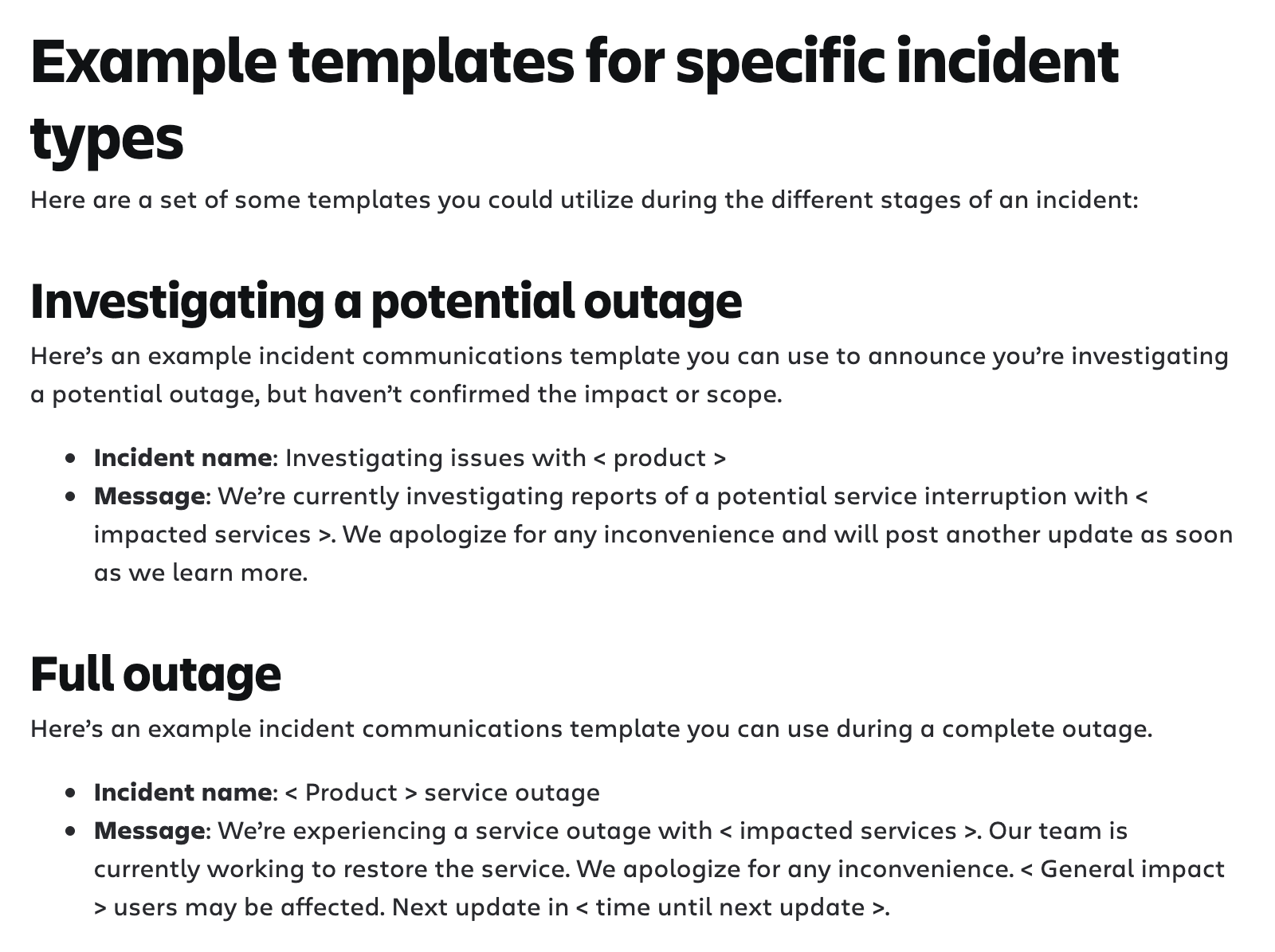 Atlassian's incident communication templates page showing example messages for investigating a potential outage and a full outage, ending with a blank for the time until the next update