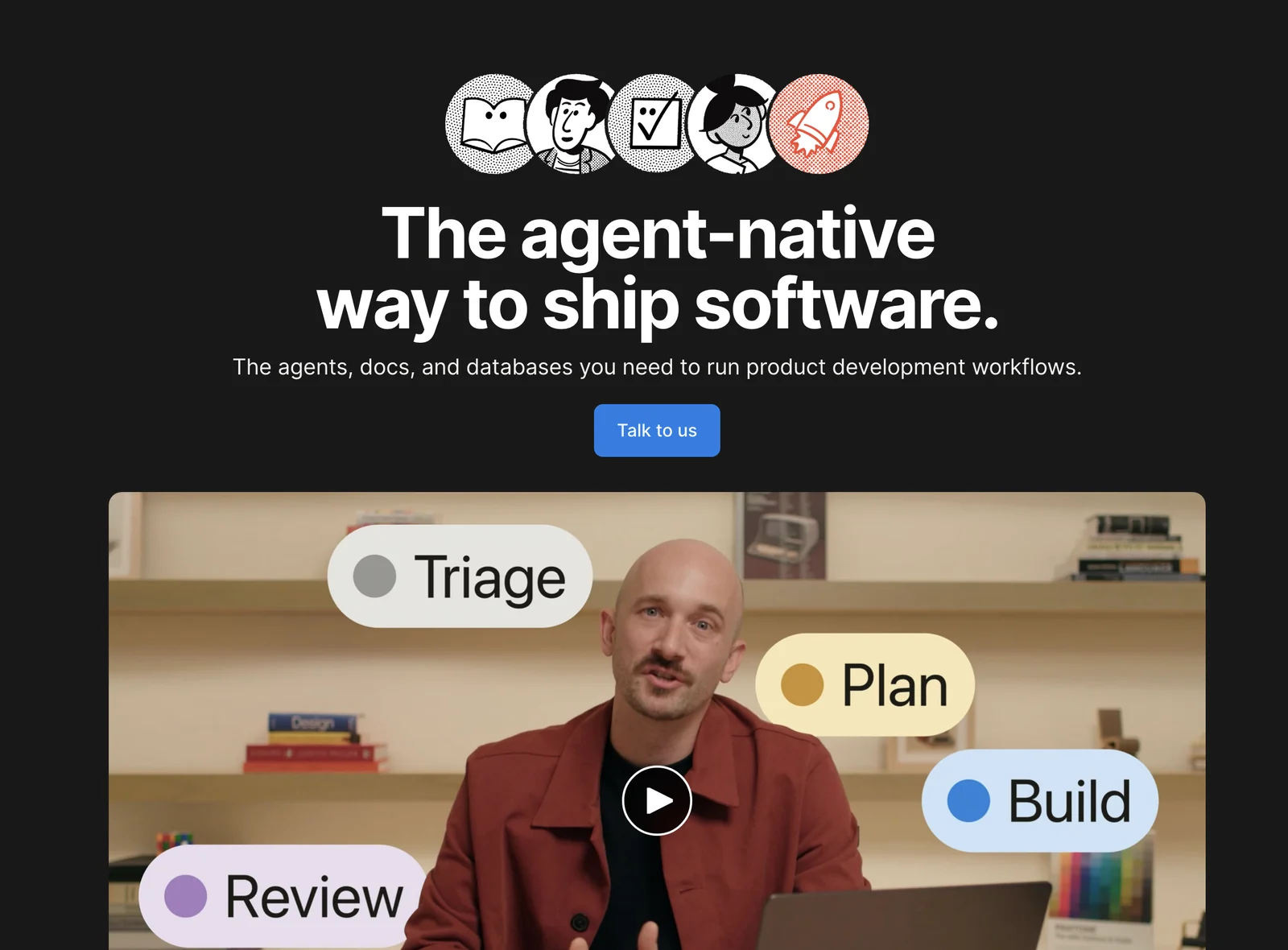 Notion Ship OS 소개 페이지 — 'The agent-native way to ship software'와 Triage·Plan·Build·Review 단계
