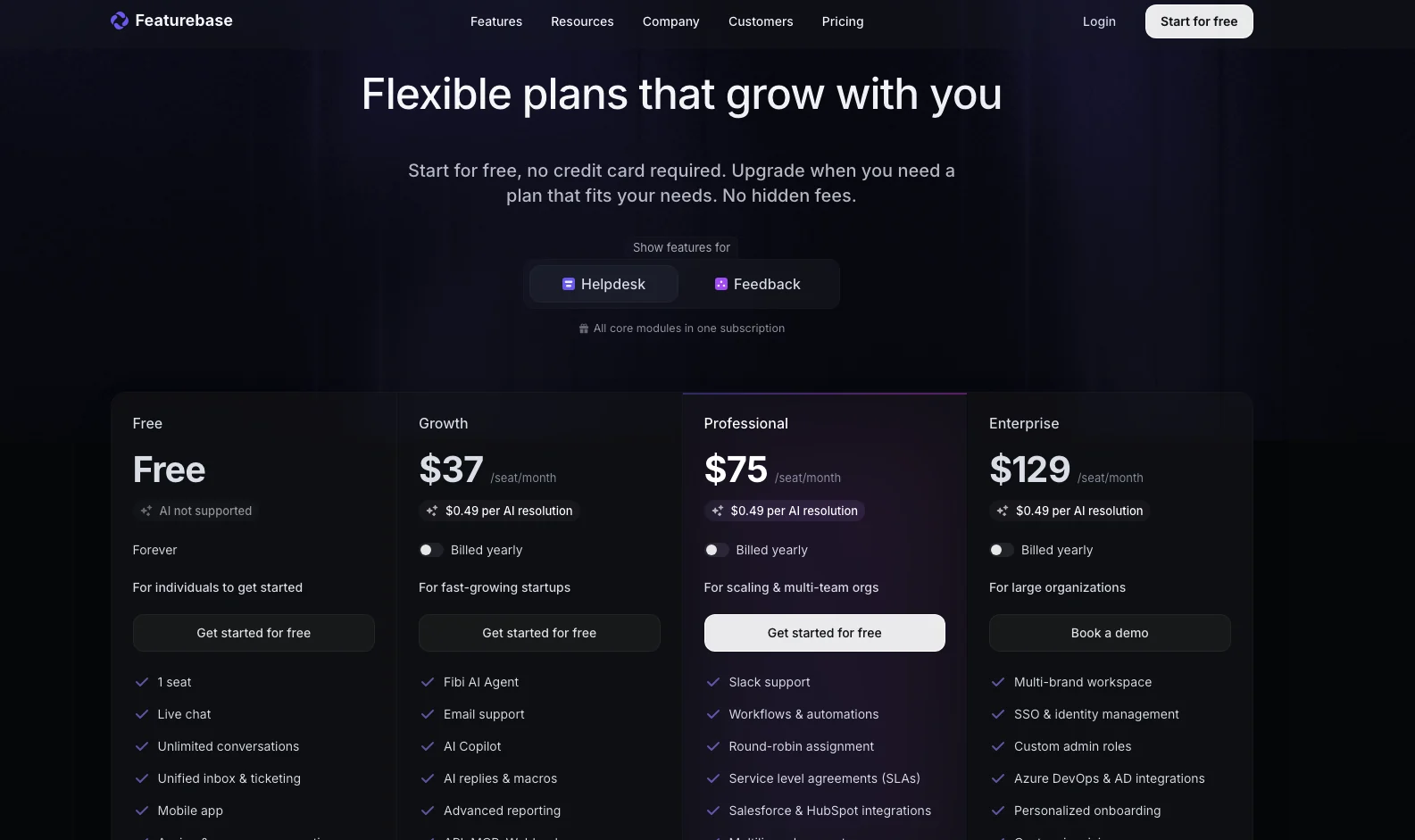 Featurebase 요금제 페이지(월 결제 기준) — 좌석당 Growth $37·Professional $75·Enterprise $129, 유료 플랜 AI 해결 1건당 $0.49