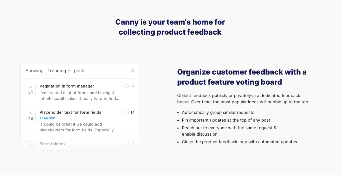Canny 소개 화면 — 투표 수로 정렬되는 제품 피드백 보드
