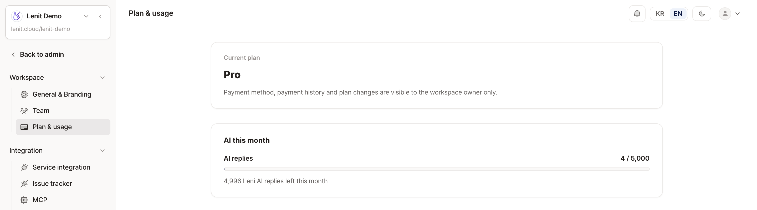 Lenit's plan and usage screen showing this month's AI replies used against the monthly allowance