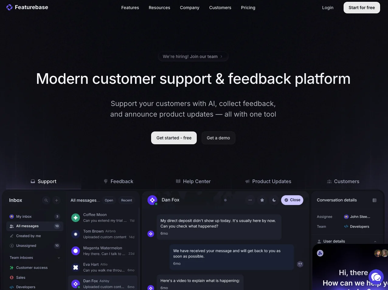 Featurebase 공식 사이트 첫 화면 — 'Modern customer support & feedback platform' 문구와 상담 인박스