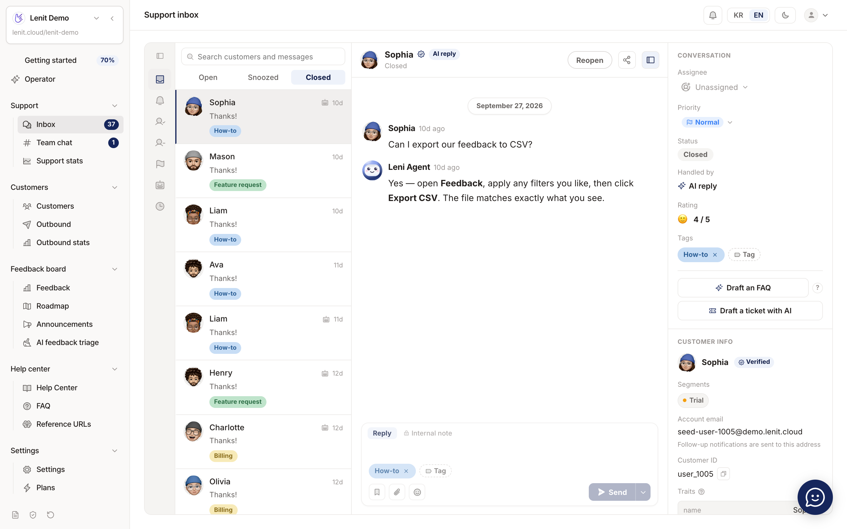 Lenit inbox: the AI answers a customer's CSV export question from the help docs and the conversation closes without a human