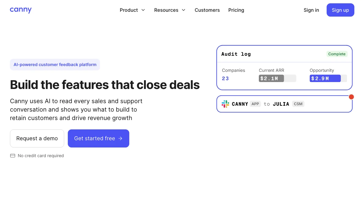 Canny homepage: AI-powered customer feedback platform