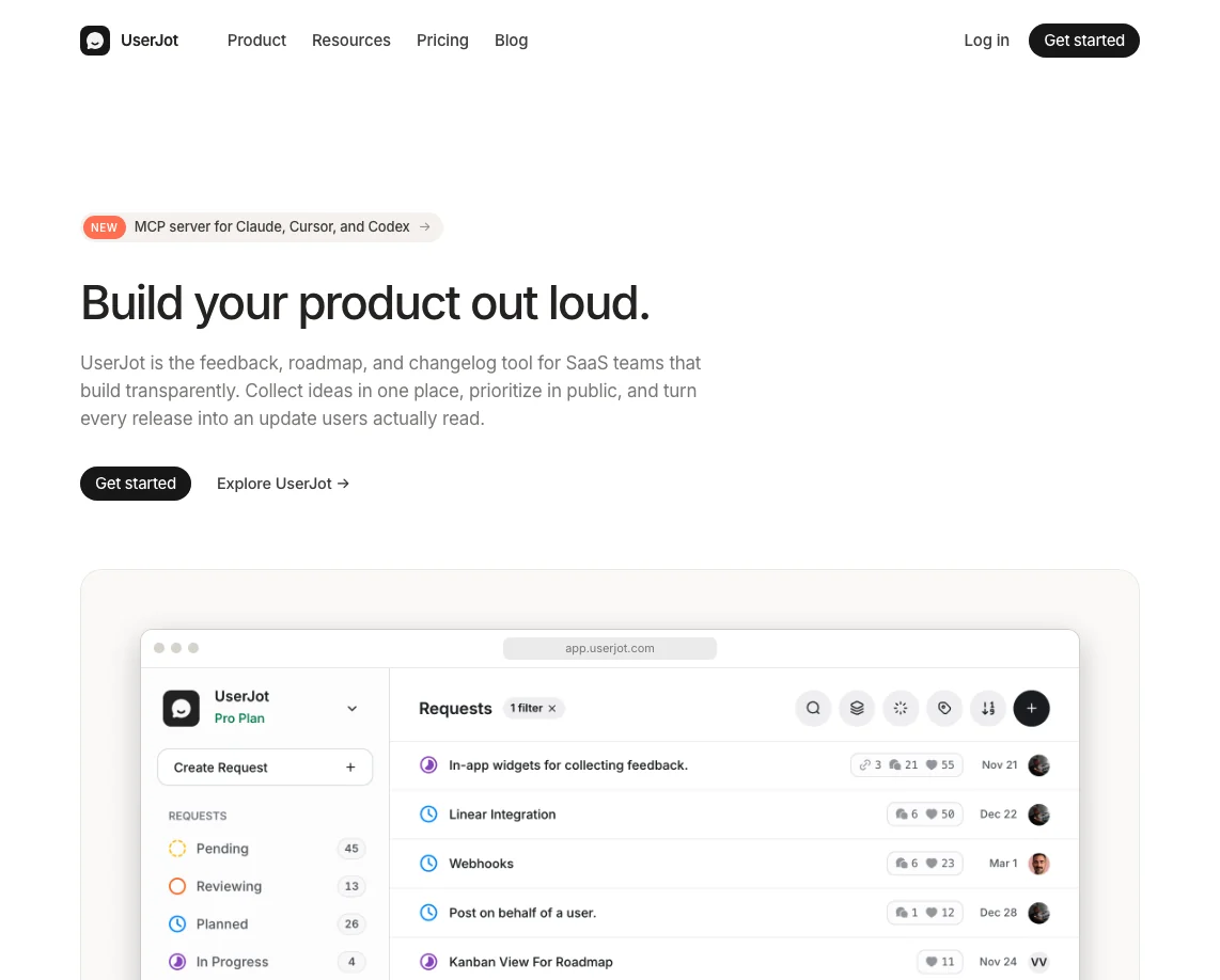UserJot homepage: feedback, roadmap and changelog tool with its request list