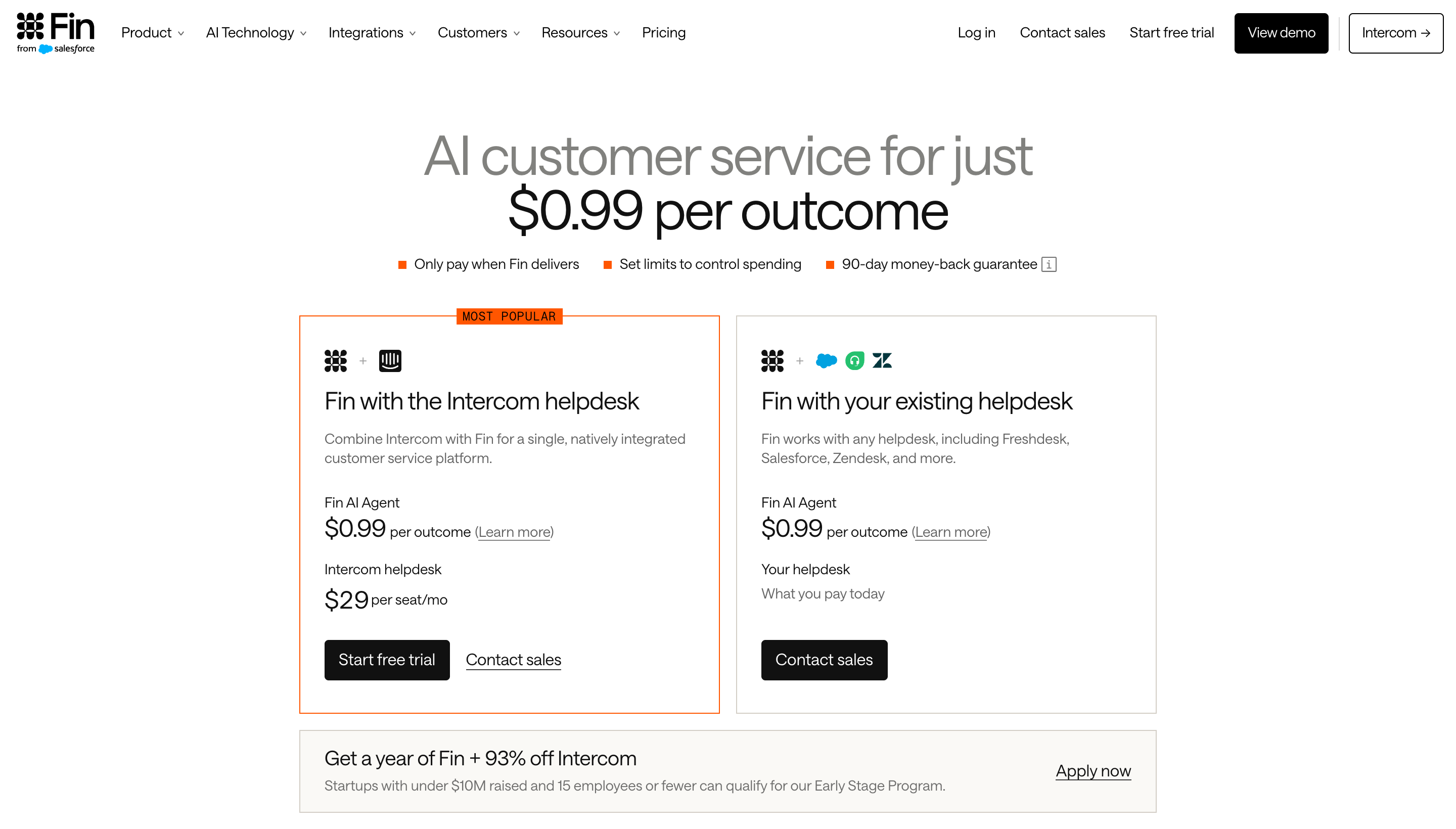 Intercom Fin's official pricing page: $0.99 per outcome, with the Intercom helpdesk at $29 per seat a month or on top of an existing helpdesk