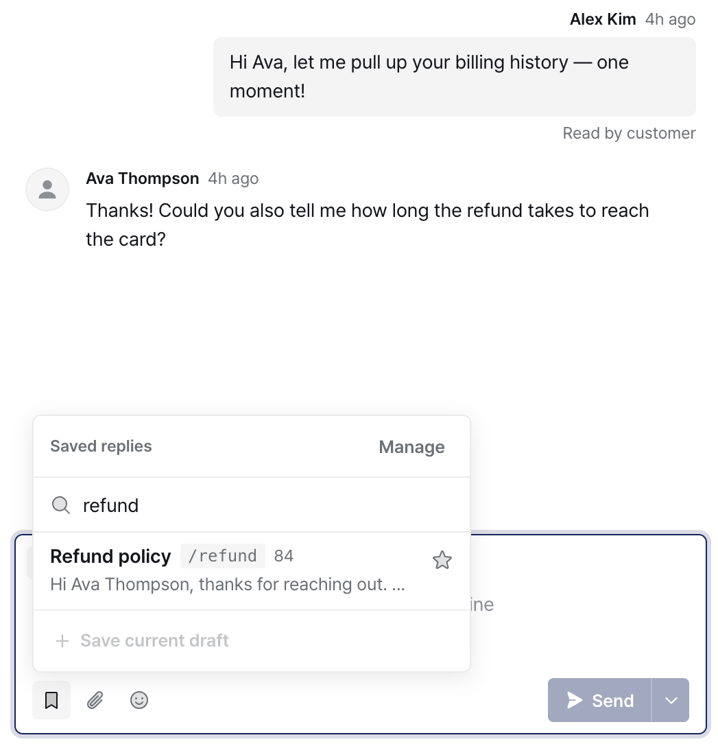 In Lenit's inbox, the saved replies button next to the reply box is open with the search refund, showing the Refund policy reply with its /refund shortcut, 84 uses, and a preview addressed to Ava Thompson